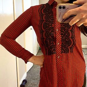 J Crew Holiday Plaid Red Black Beaded 00 XXS Top